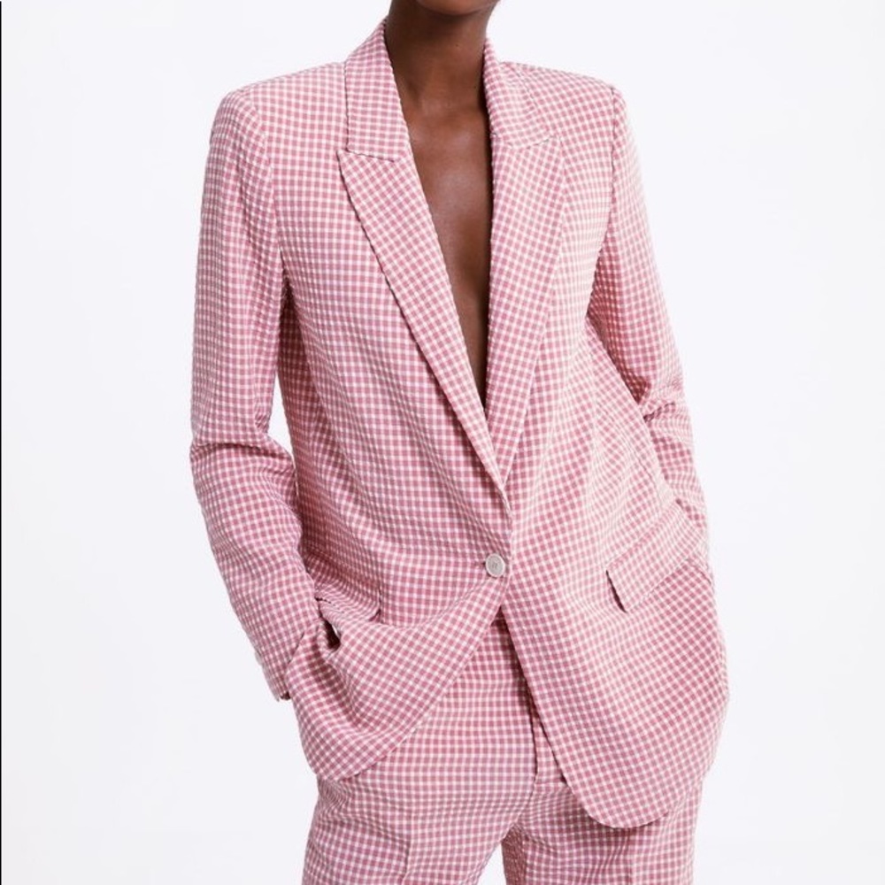 ZARA GINGHAM BLAZER CHECKED JACKET PINK/WHITE